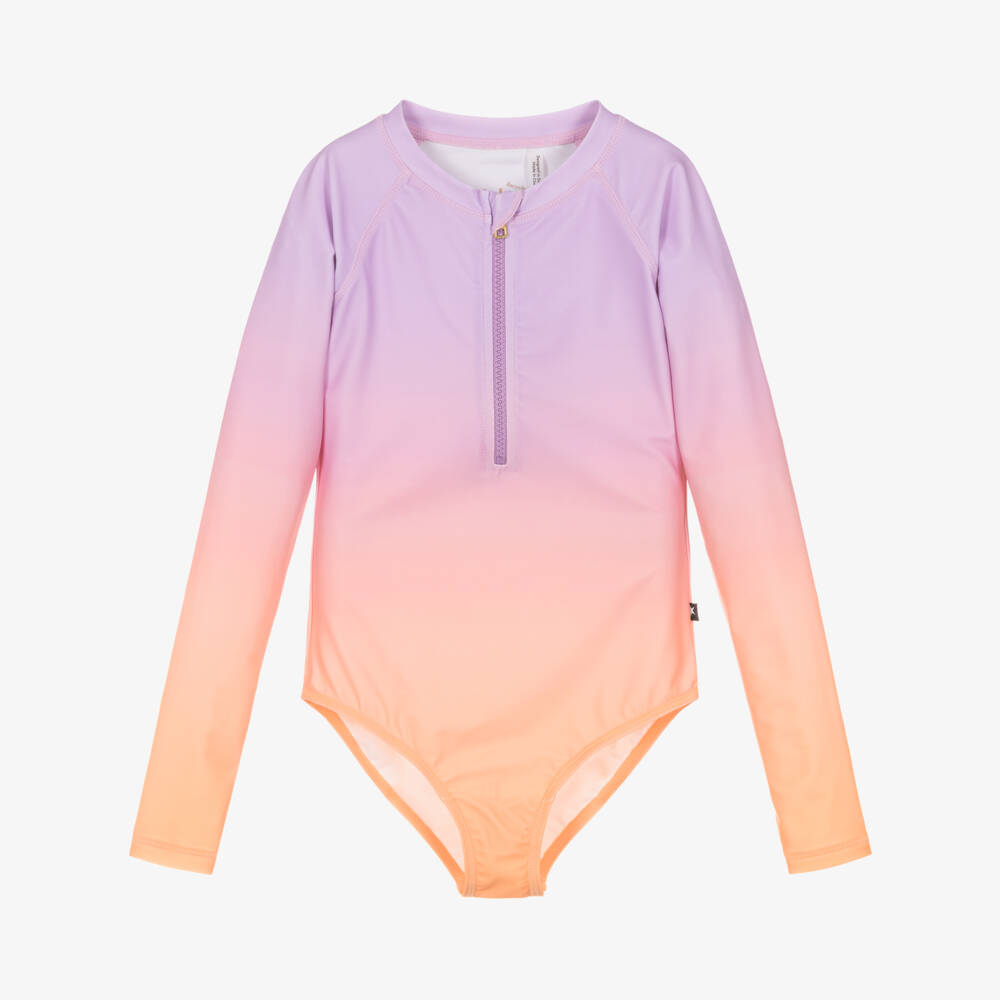 Molo-Girls Lilac & Orange Ombré Zip-Up Swimsuit (UPF50+) | Childrensalon