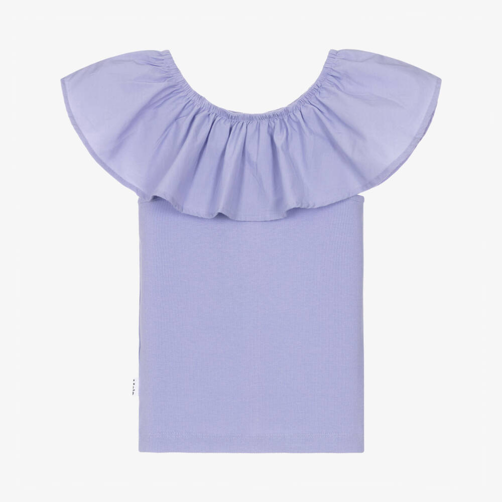 Molo-Girls Lilac Organic Cotton Ruffle Shoulder Top | Childrensalon