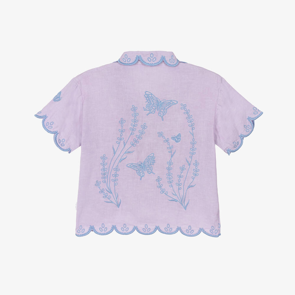Molo-Girls Lilac Organic Cotton Shirt with Blue Embroidery | Childrensalon