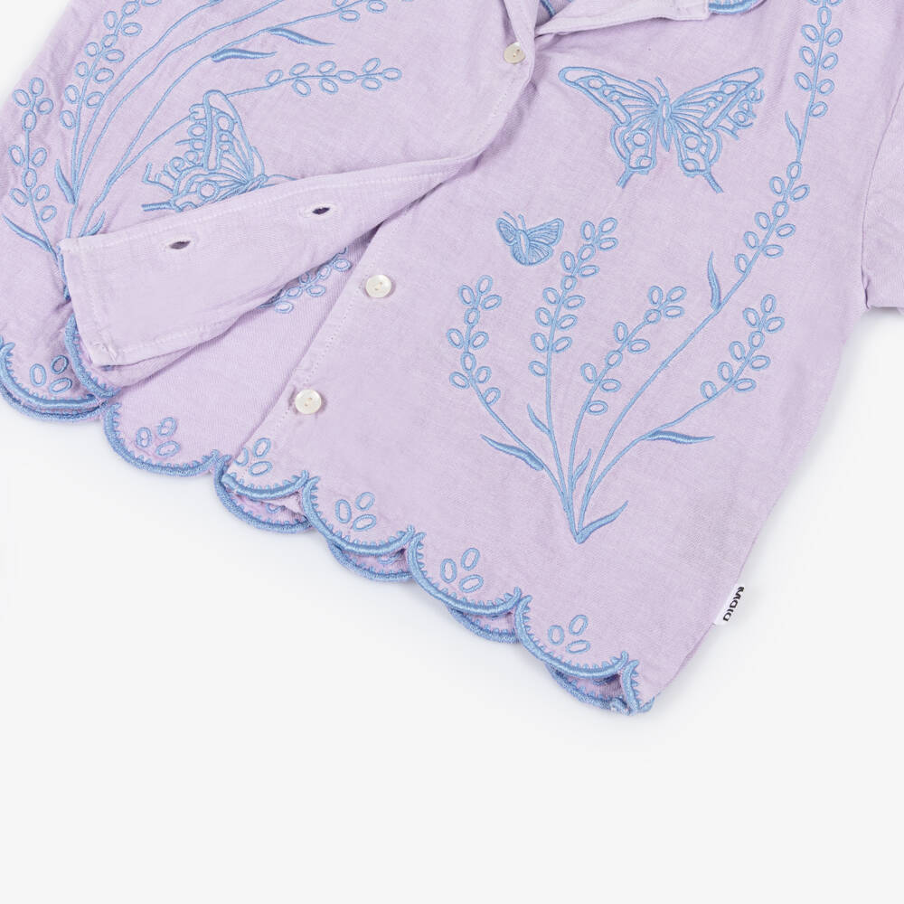 Molo-Girls Lilac Organic Cotton Shirt with Blue Embroidery | Childrensalon