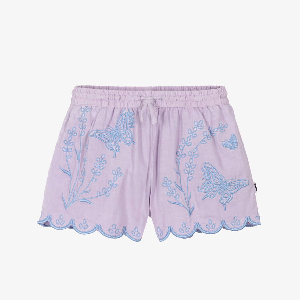 Molo-Girls Lilac Organic Cotton Shorts with Blue Embroidery | Childrensalon