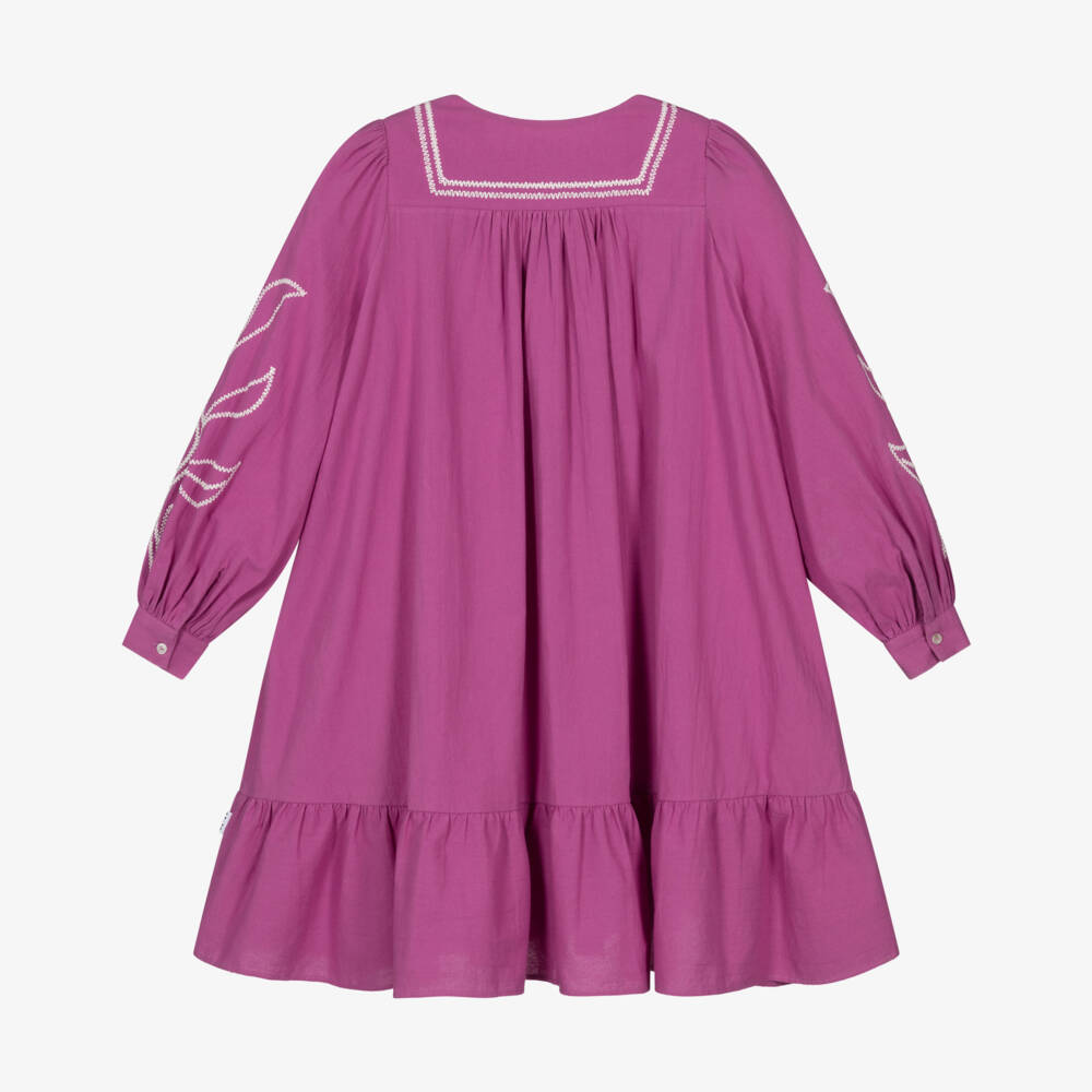 Molo-Girls Magenta Pink Cotton Dress with Floral Embroidery | Childrensalon