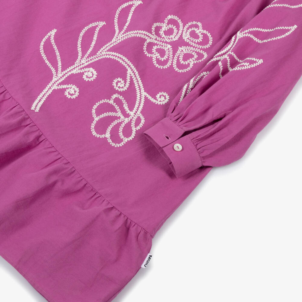Molo-Girls Magenta Pink Cotton Dress with Floral Embroidery | Childrensalon