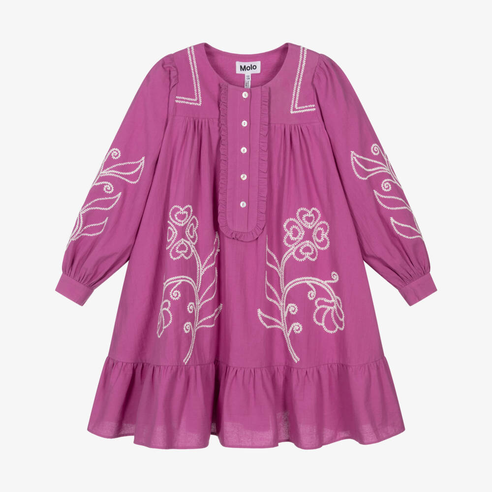 Molo-Girls Magenta Pink Cotton Dress with Floral Embroidery | Childrensalon