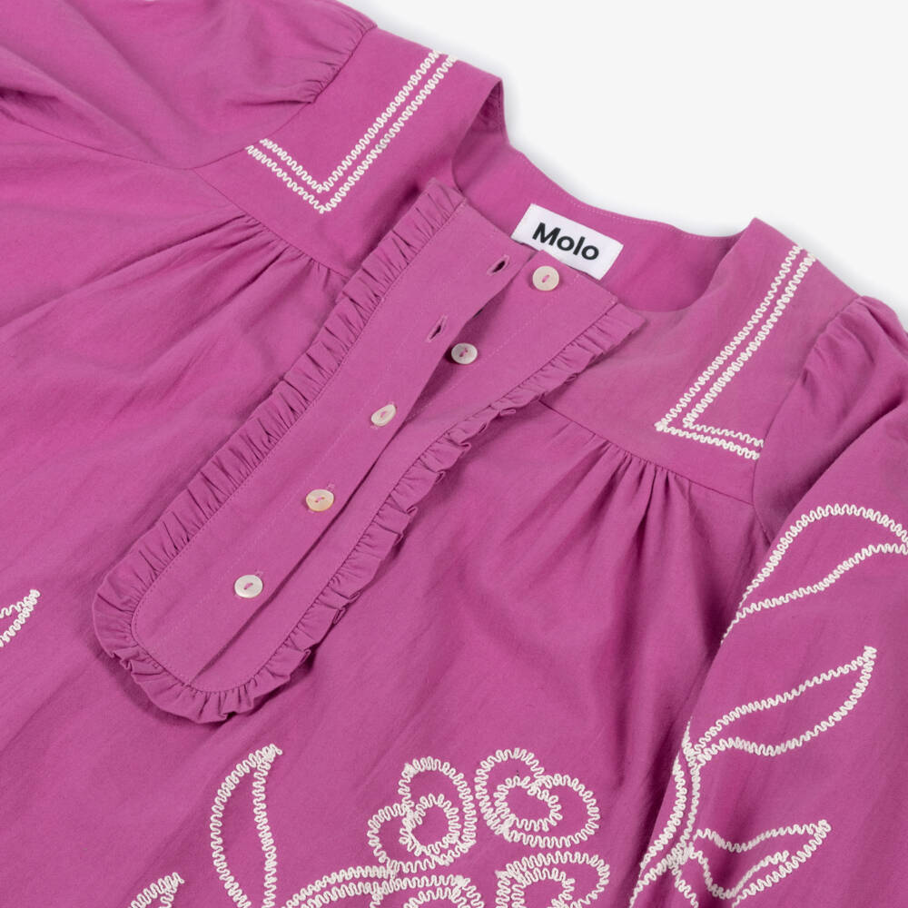 Molo-Girls Magenta Pink Cotton Dress with Floral Embroidery | Childrensalon