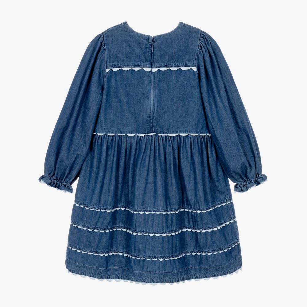 Molo-Girls Mid Blue Chambray Dress with Scalloped Trims | Childrensalon