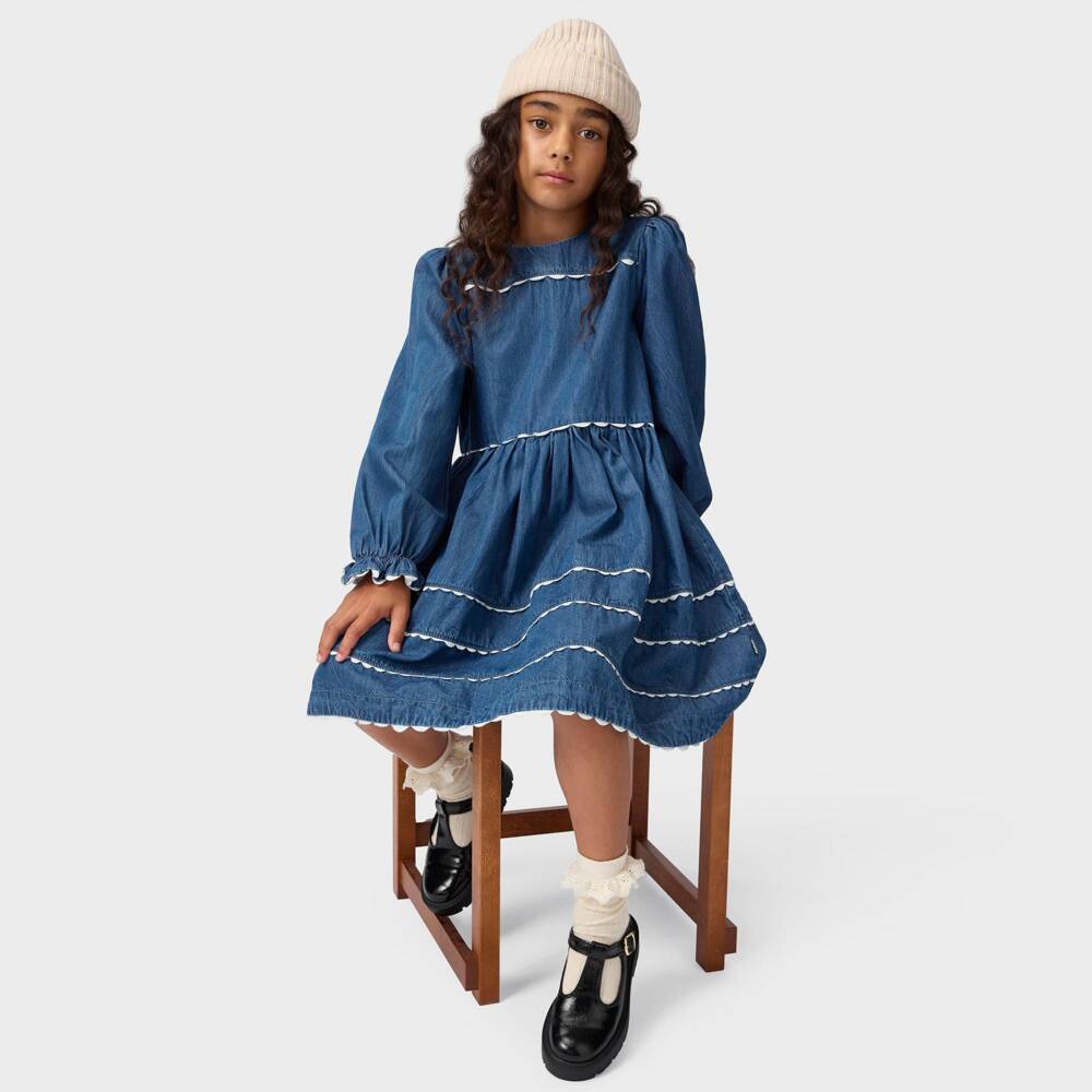 Molo-Girls Mid Blue Chambray Dress with Scalloped Trims | Childrensalon