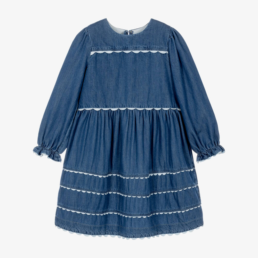 Molo-Girls Mid Blue Chambray Dress with Scalloped Trims | Childrensalon