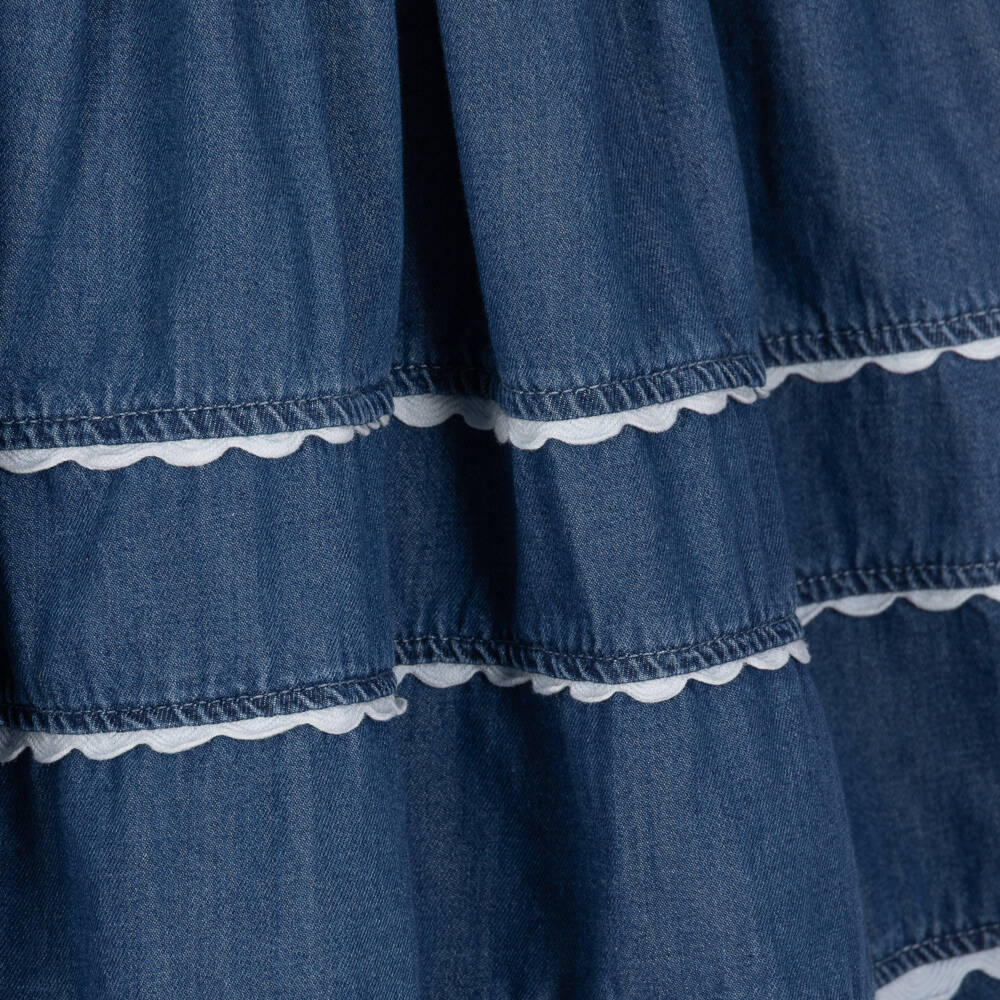 Molo-Girls Mid Blue Chambray Skirt with Scalloped Trims | Childrensalon