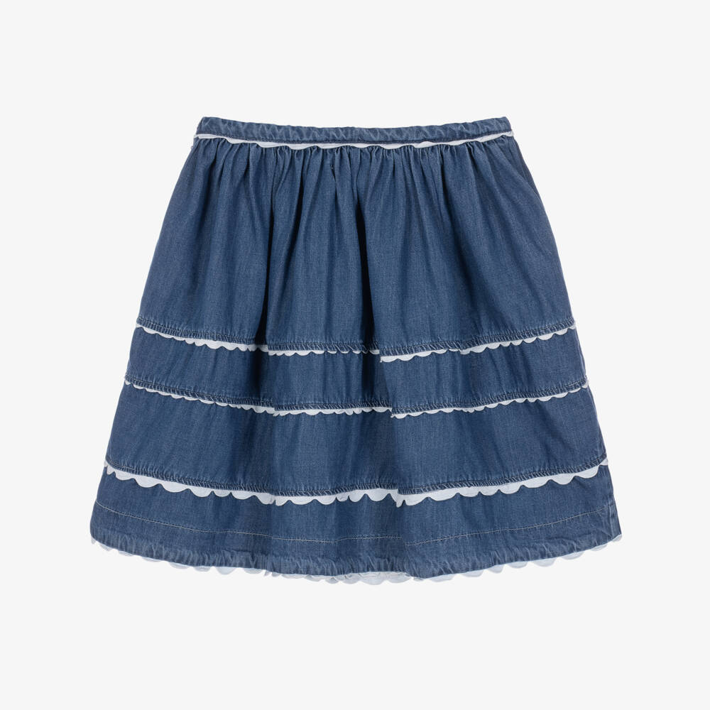 Molo-Girls Mid Blue Chambray Skirt with Scalloped Trims | Childrensalon