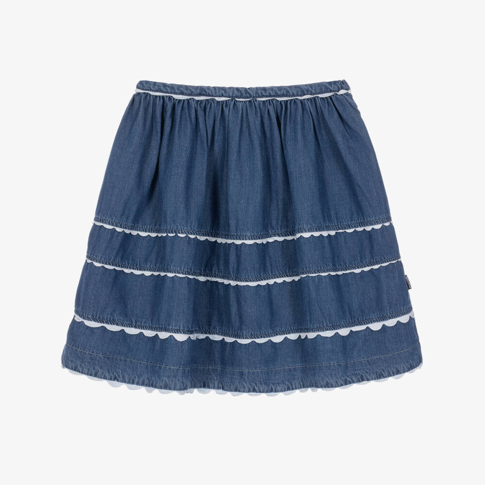 Molo-Girls Mid Blue Chambray Skirt with Scalloped Trims | Childrensalon