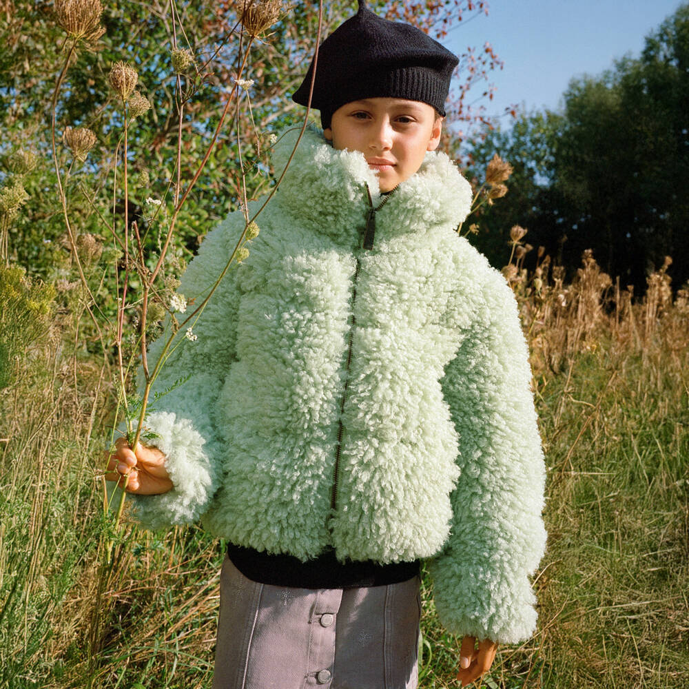 Molo-Girls Mint Green Fluffy Faux Fur Jacket | Childrensalon