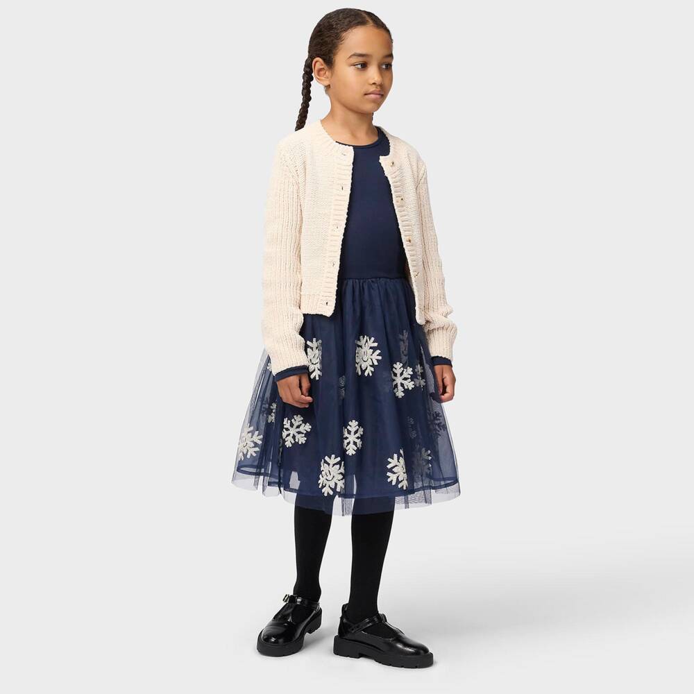 Molo-Girls Navy Blue Dress with Sequin Snowflakes | Childrensalon