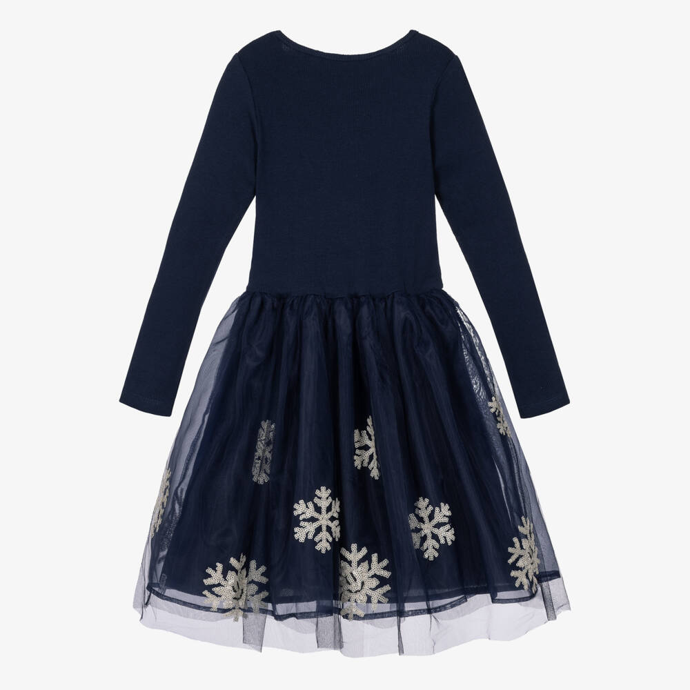 Molo-Girls Navy Blue Dress with Sequin Snowflakes | Childrensalon