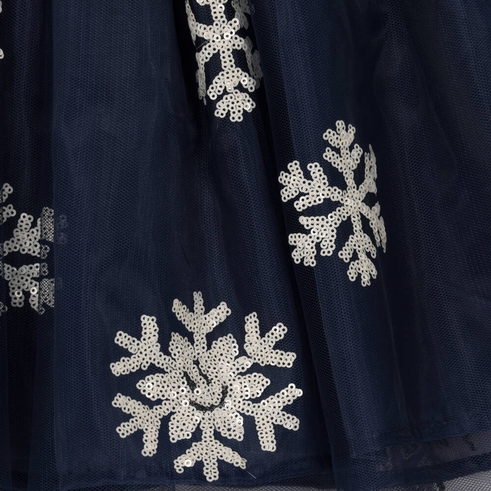 Molo-Girls Navy Blue Dress with Sequin Snowflakes | Childrensalon