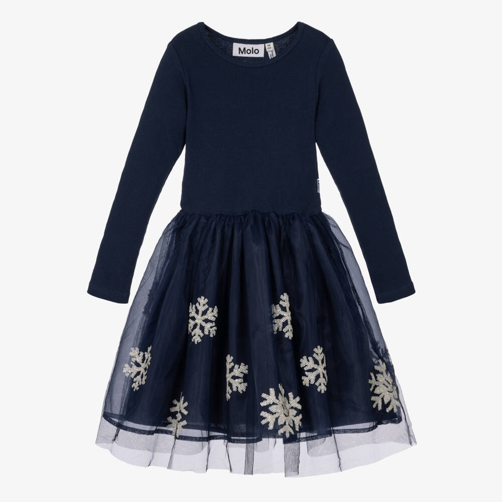 Molo-Girls Navy Blue Dress with Sequin Snowflakes | Childrensalon