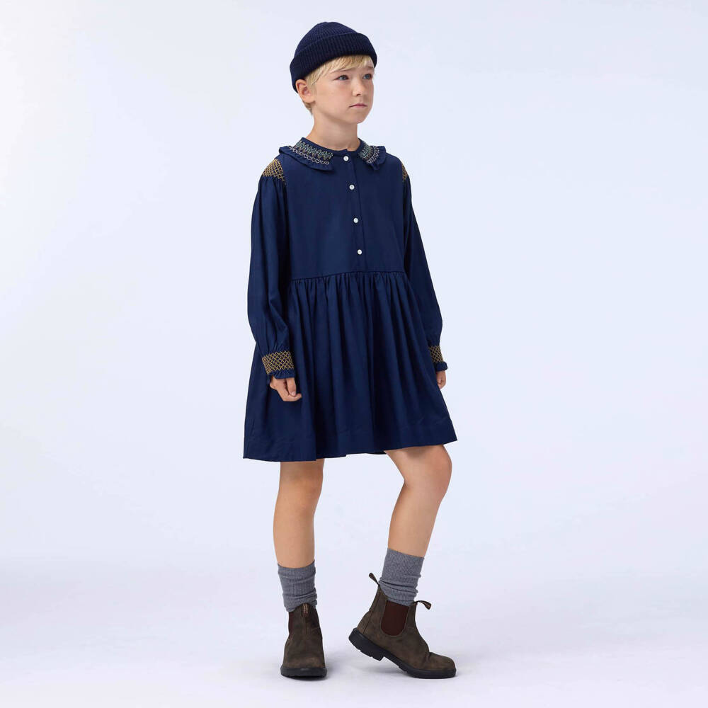 Molo-Girls Navy Blue Embroidered Twill Dress | Childrensalon