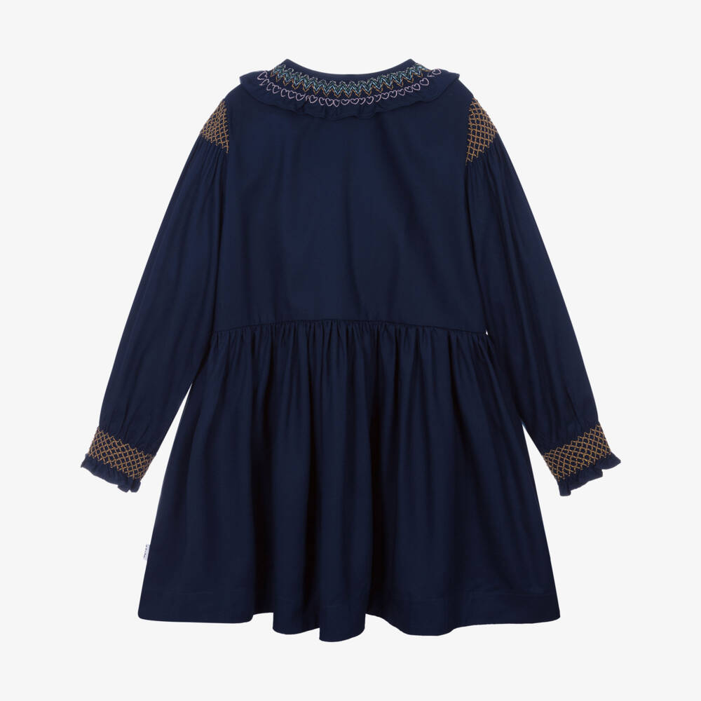 Molo-Girls Navy Blue Embroidered Twill Dress | Childrensalon