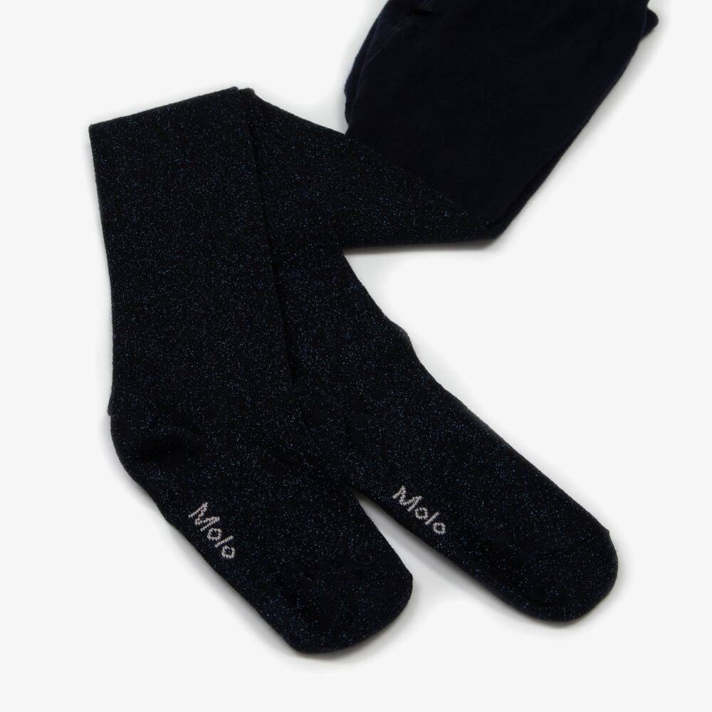 Molo-Girls Navy Blue Glitter Knitted Tights | Childrensalon