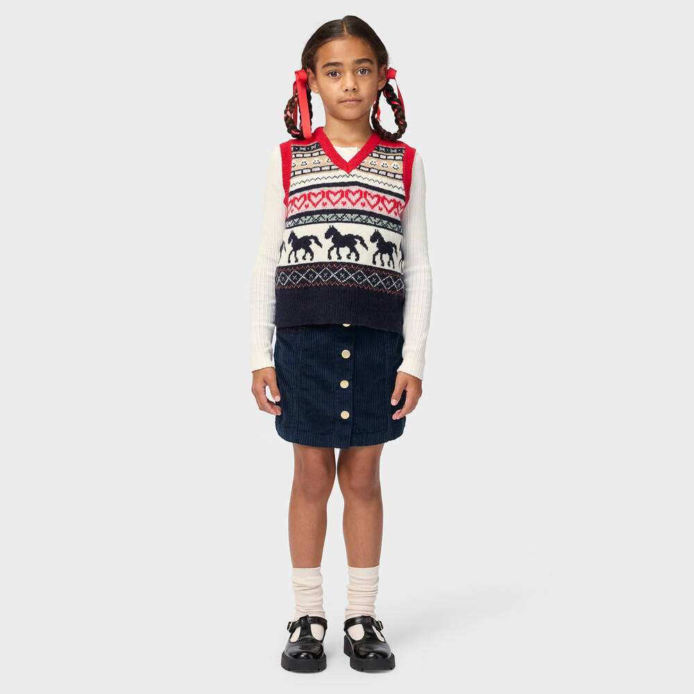 Molo-Girls Navy Blue & Red Wool Horse & Heart Slipover | Childrensalon