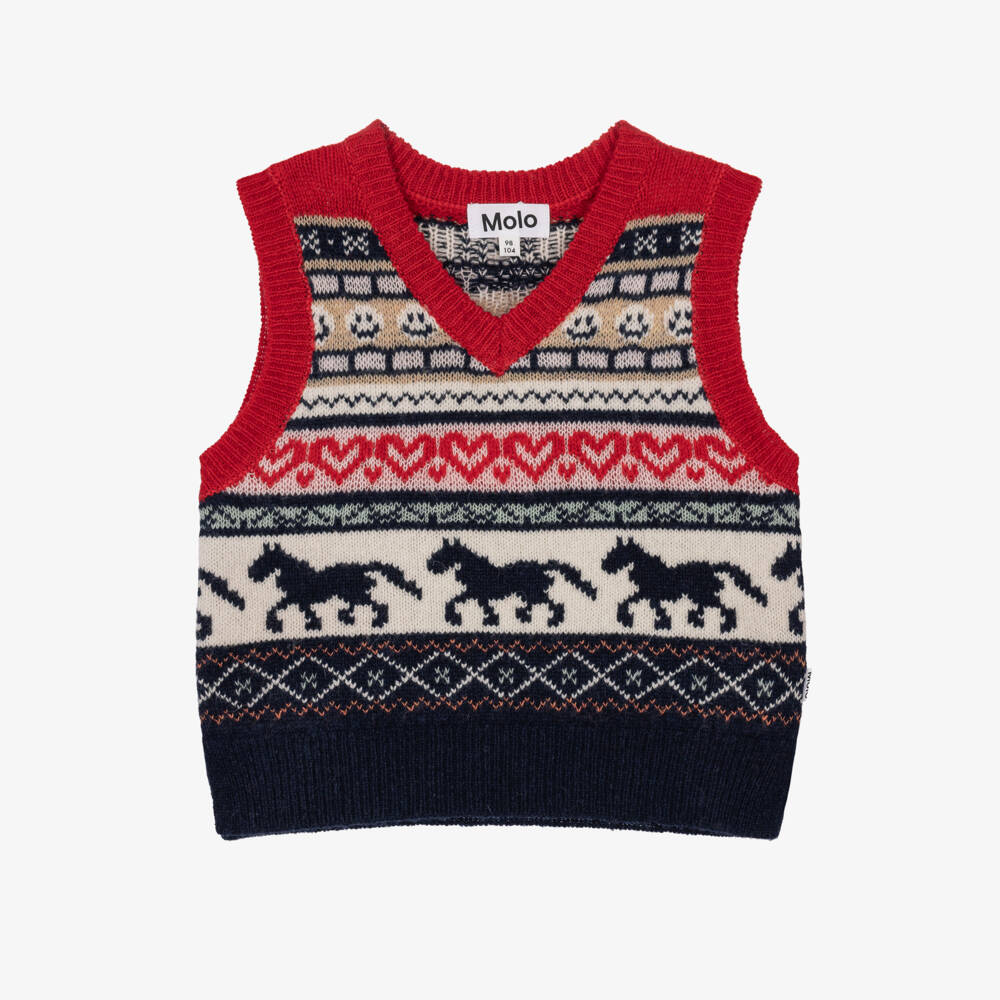 Molo-Girls Navy Blue & Red Wool Horse & Heart Slipover | Childrensalon