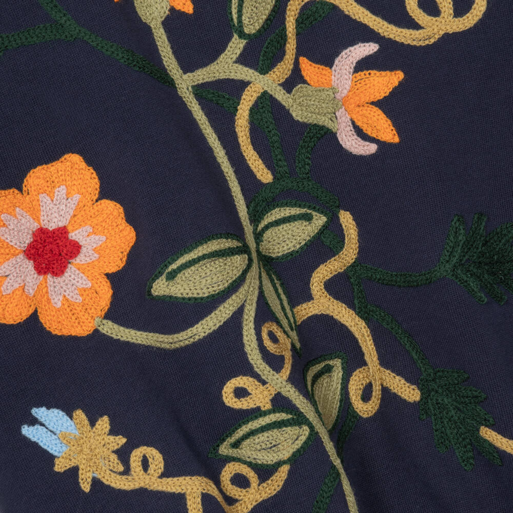 Molo-Girls Navy Blue Sweatshirt with Embroidered Flowers | Childrensalon