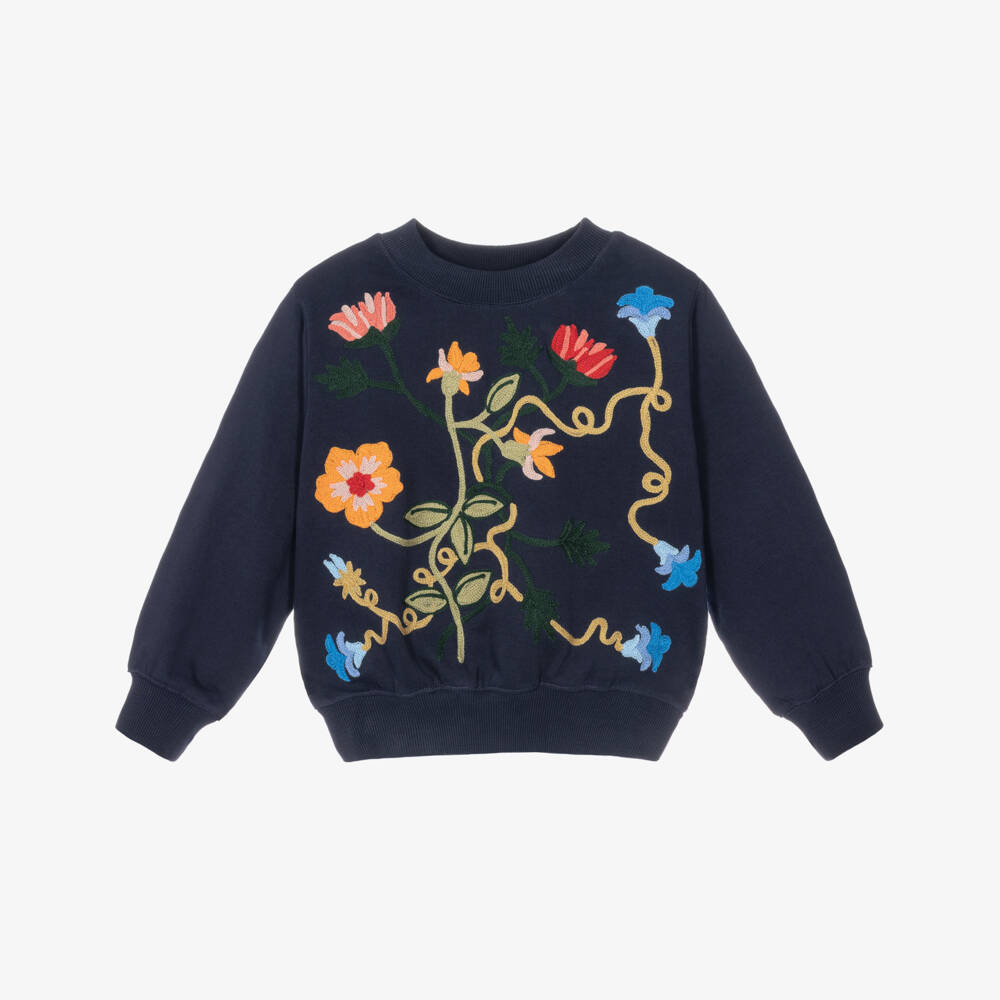 Molo-Girls Navy Blue Sweatshirt with Embroidered Flowers | Childrensalon