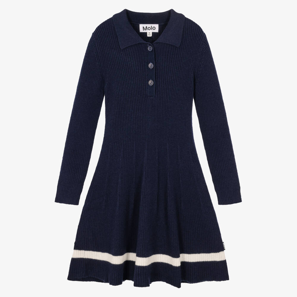 Molo-Girls Navy Blue Wool & Cotton Ribbed Dress | Childrensalon