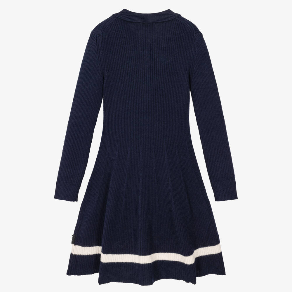 Molo-Girls Navy Blue Wool & Cotton Ribbed Dress | Childrensalon