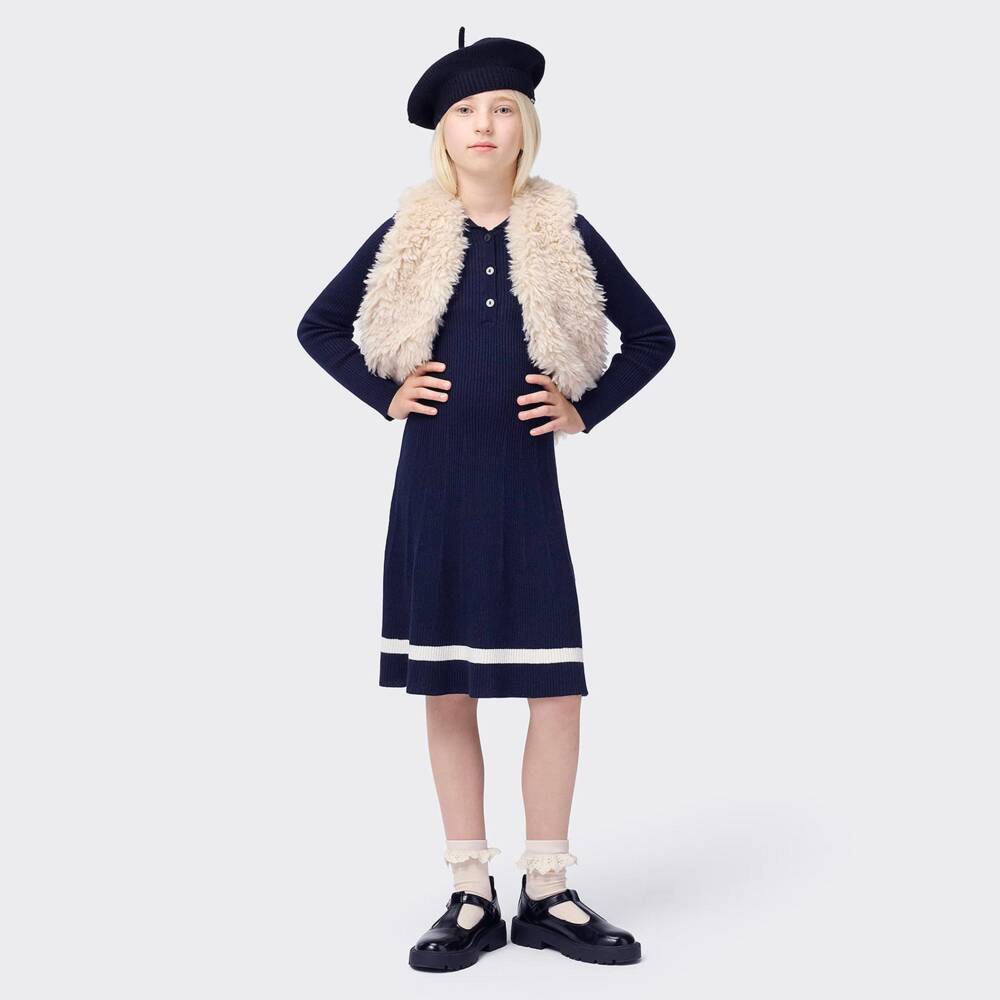 Molo-Girls Navy Blue Wool & Cotton Ribbed Dress | Childrensalon