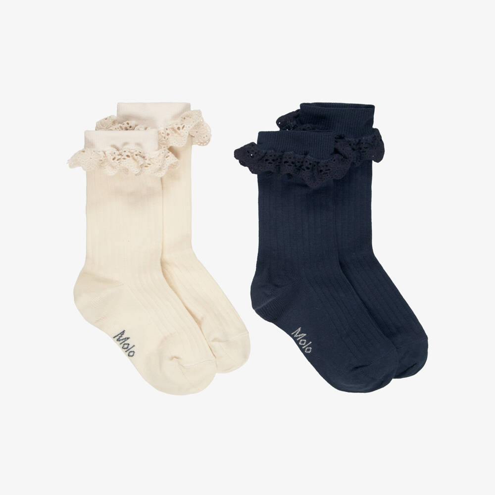 Molo-Girls Navy & Ivory Ribbed Ruffle Socks (2 Pack) | Childrensalon