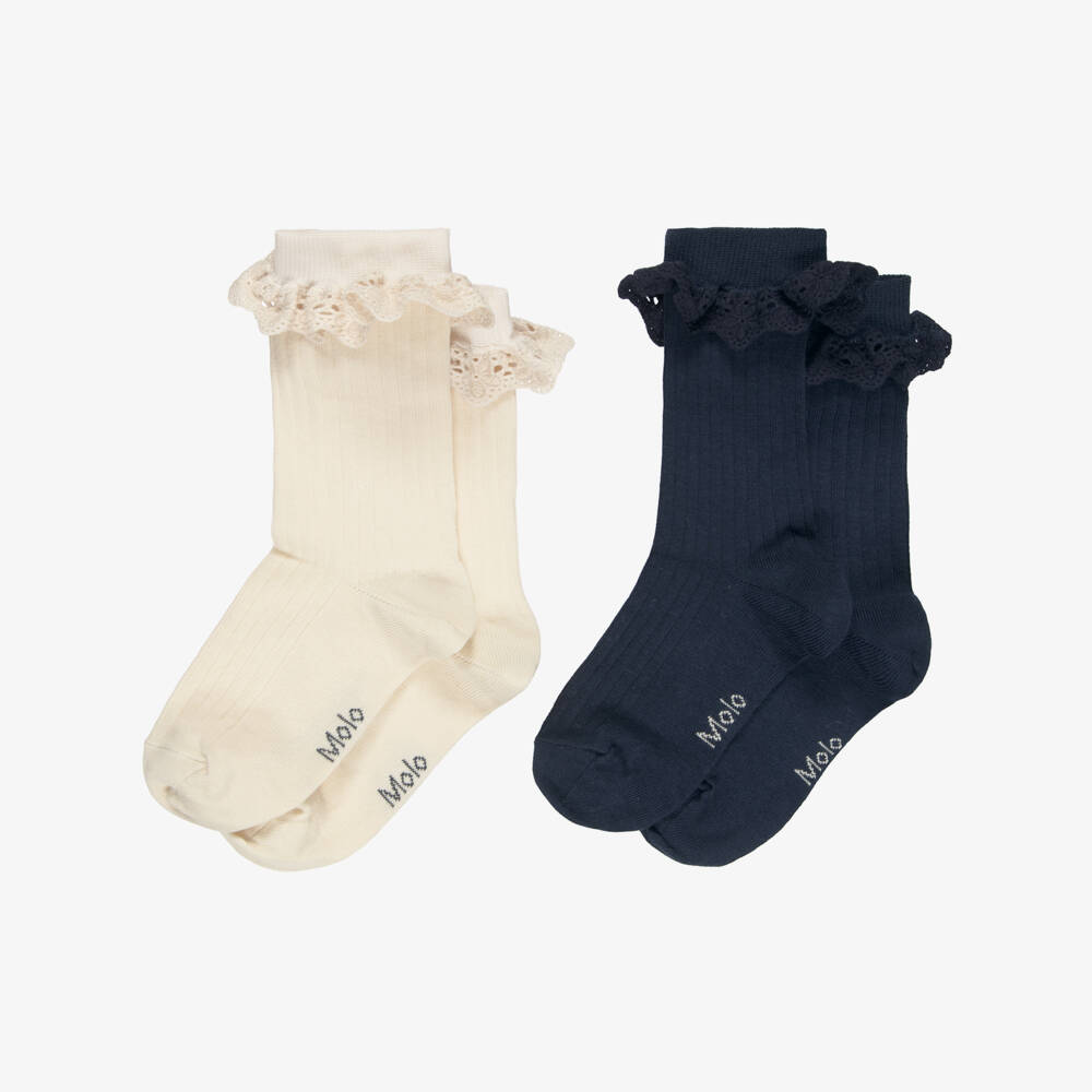 Molo-Girls Navy & Ivory Ribbed Ruffle Socks (2 Pack) | Childrensalon