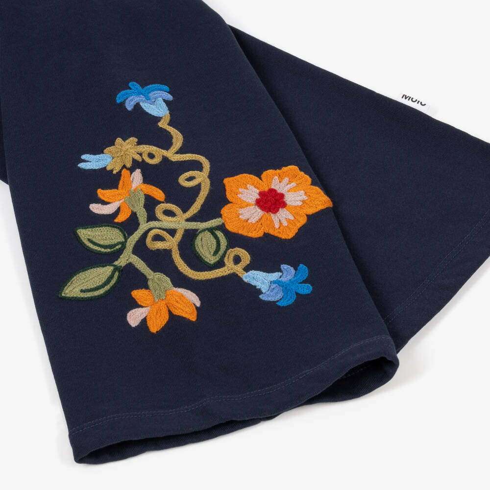 Molo-Girls Navy Joggers with Embroidered Colourful Flowers | Childrensalon