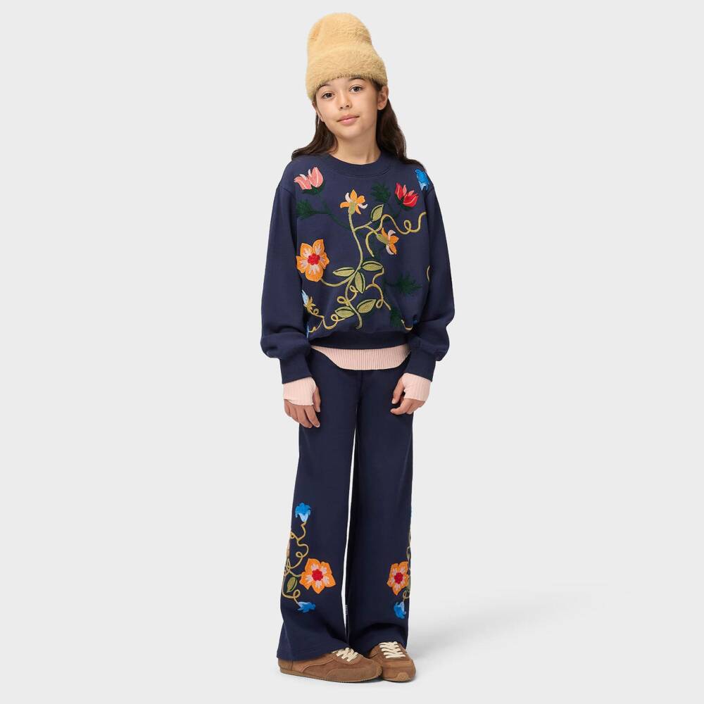 Molo-Girls Navy Joggers with Embroidered Colourful Flowers | Childrensalon