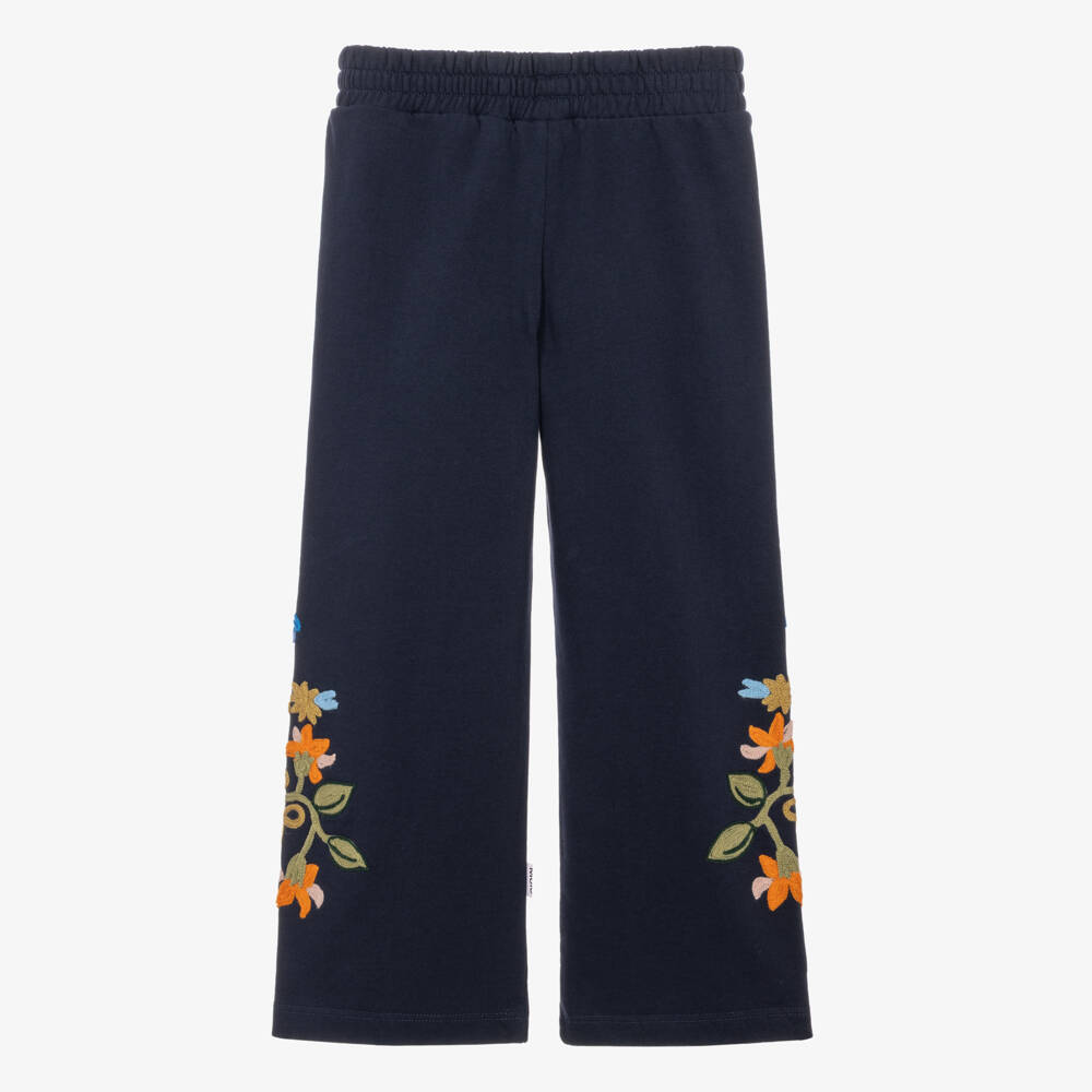 Molo-Girls Navy Joggers with Embroidered Colourful Flowers | Childrensalon