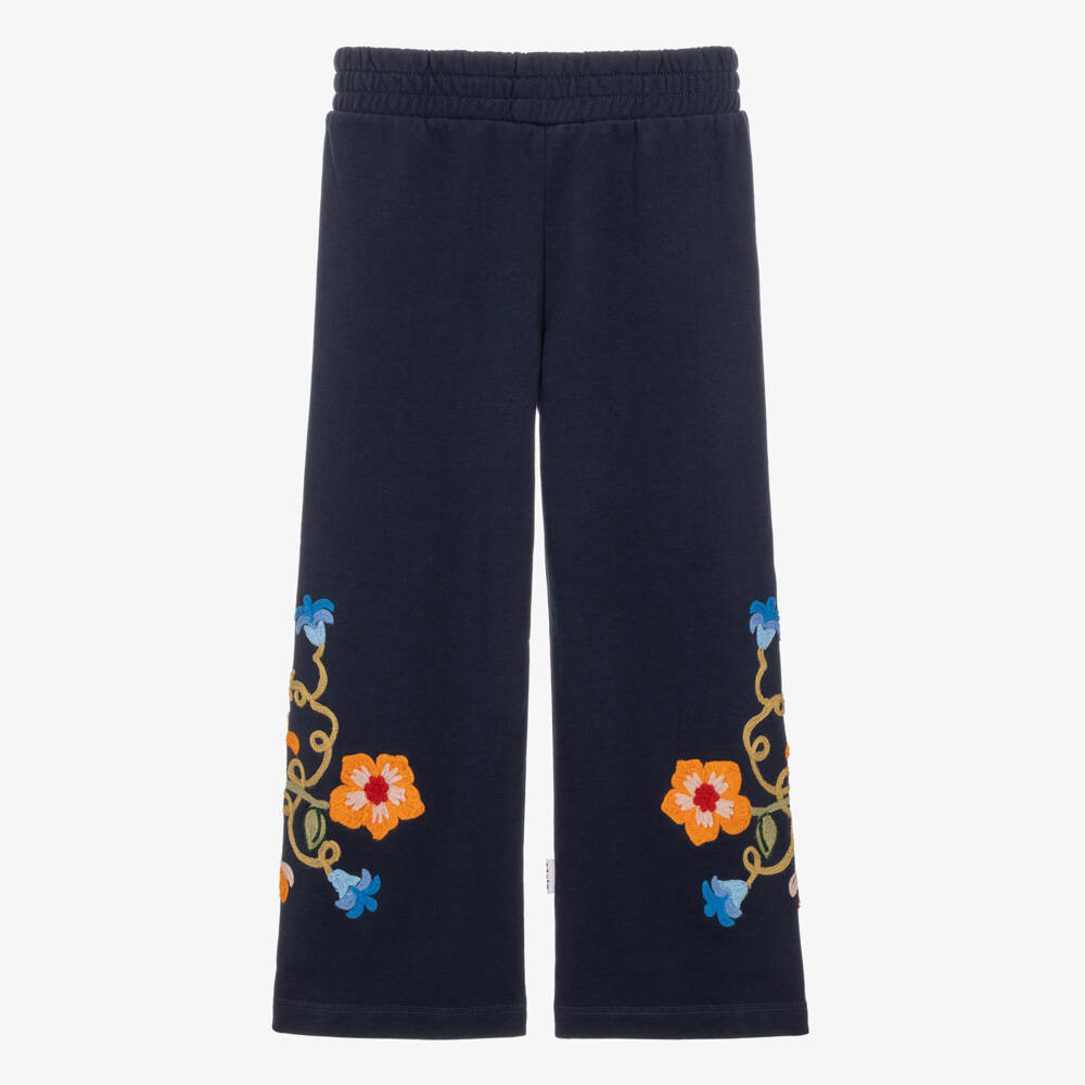 Molo-Girls Navy Joggers with Embroidered Colourful Flowers | Childrensalon