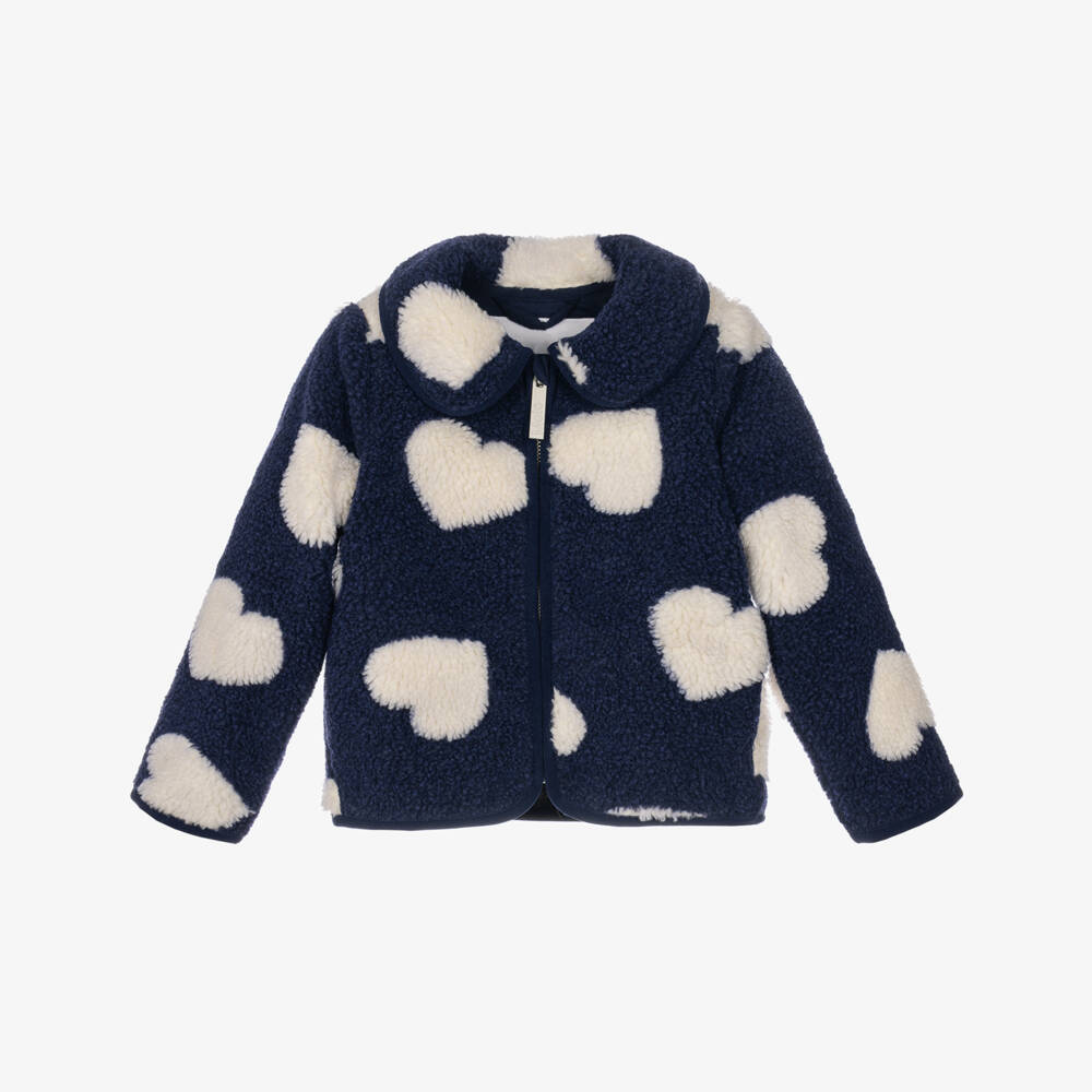Molo-Girls Navy & White Heart Patterned Sherpa Jacket | Childrensalon