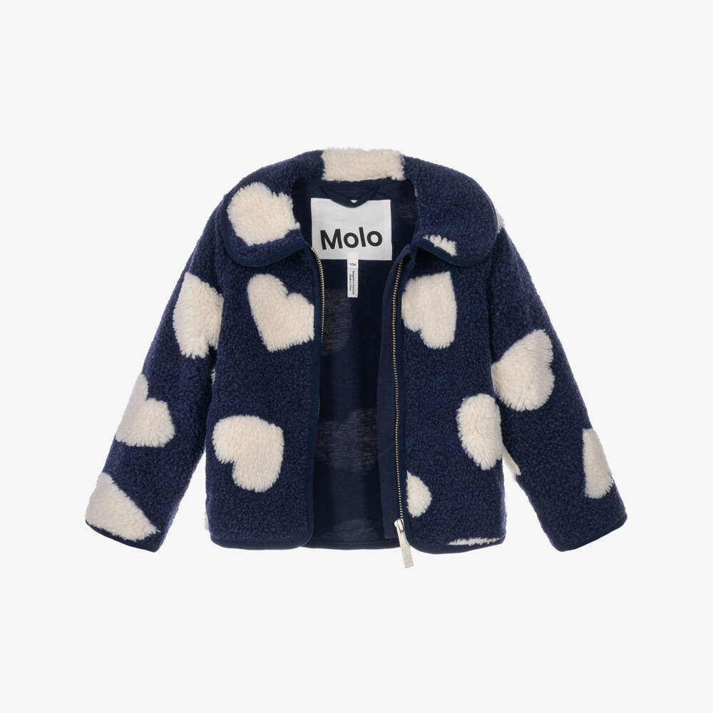 Molo-Girls Navy & White Heart Patterned Sherpa Jacket | Childrensalon