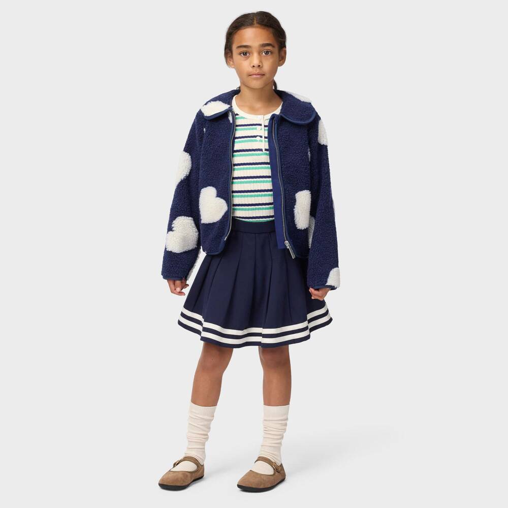 Molo-Girls Navy & White Heart Patterned Sherpa Jacket | Childrensalon
