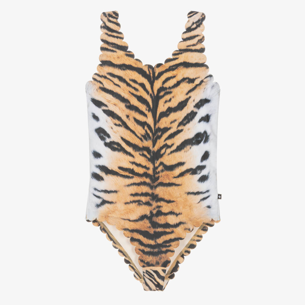 Molo-Girls Orange & Black Tiger Print Swimsuit (UPF50+) | Childrensalon