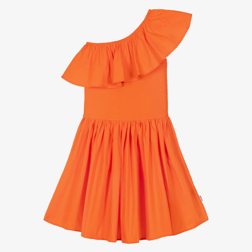 Molo-Girls Orange Organic Cotton One Shoulder Ruffle Dress | Childrensalon