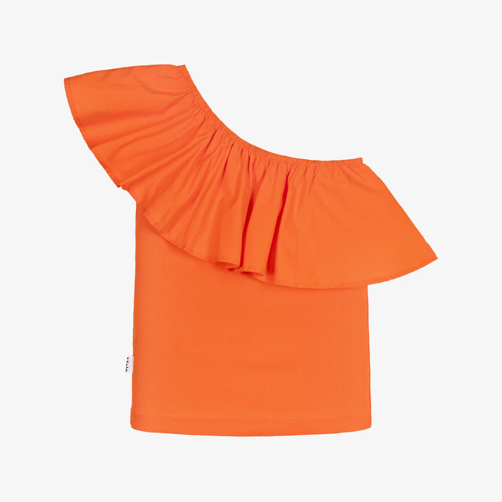 Molo-Girls Orange Organic Cotton One Shoulder Top | Childrensalon