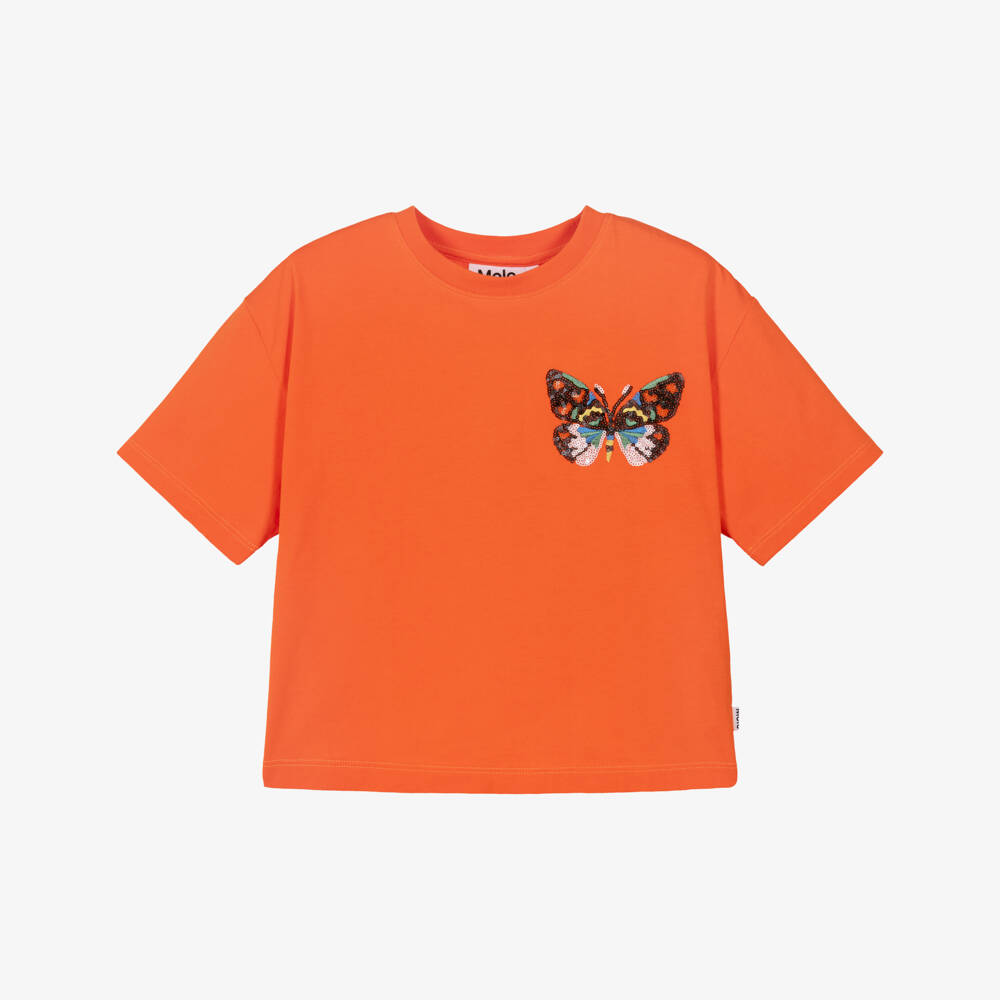 Molo-Girls Orange Organic Cotton Sequin Butterfly T-Shirt | Childrensalon
