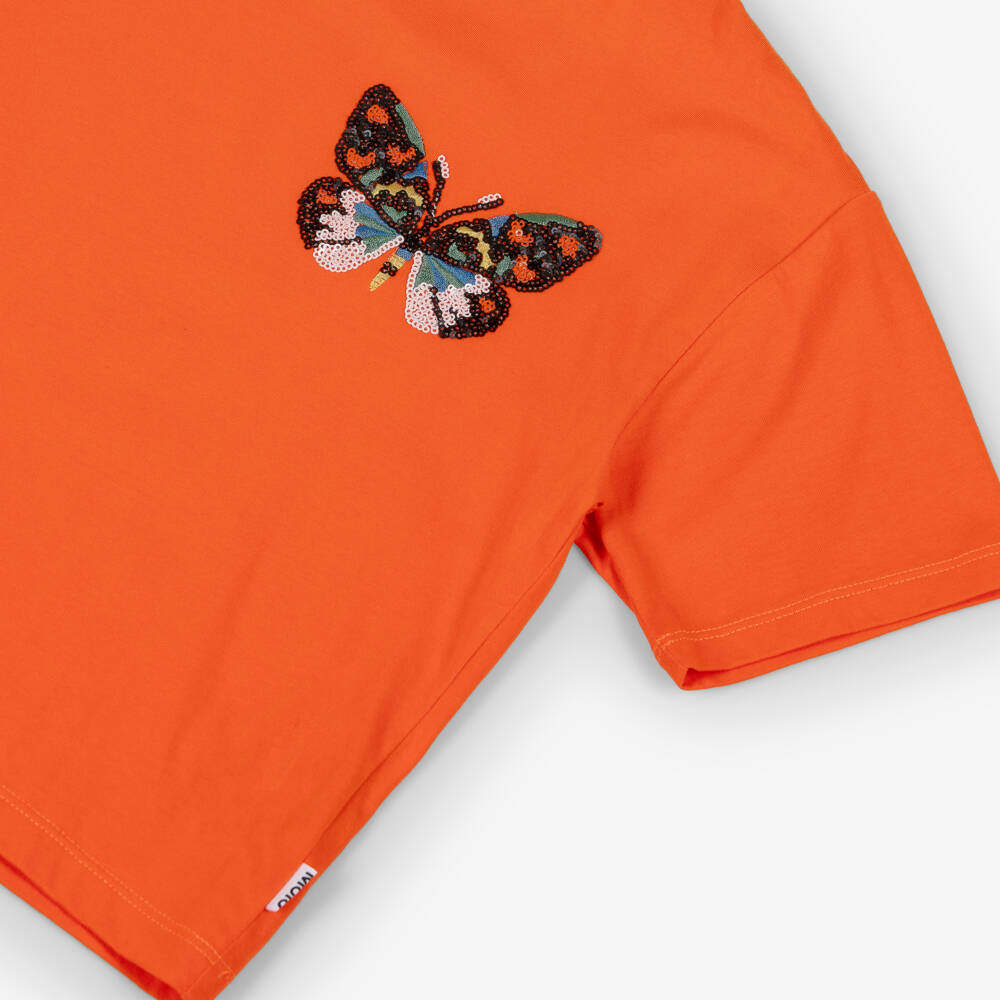 Molo-Girls Orange Organic Cotton Sequin Butterfly T-Shirt | Childrensalon