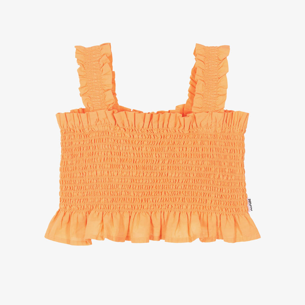 Molo-Girls Orange Shirred Cotton Sleeveless Top | Childrensalon
