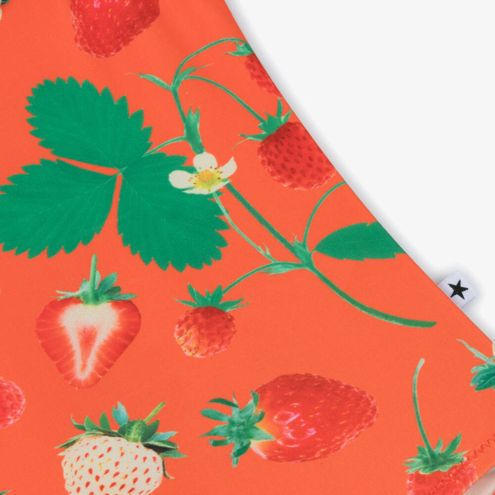 Molo-Girls Orange Strawberry Print Ruffle Swimsuit (UPF50+) | Childrensalon