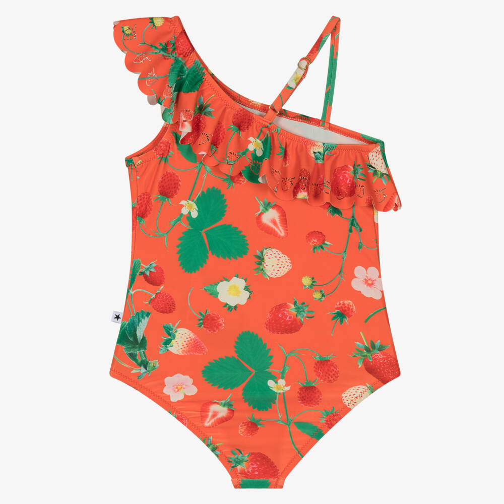 Molo-Girls Orange Strawberry Print Ruffle Swimsuit (UPF50+) | Childrensalon