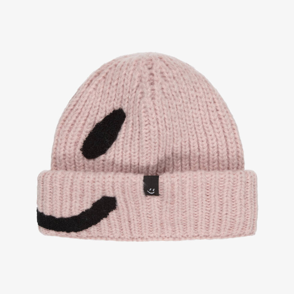 Molo-Girls Pale Pink Chunky Knit Hat with Smiling Face | Childrensalon
