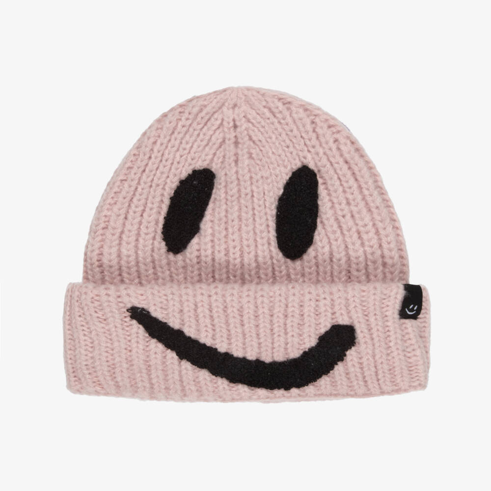 Molo-Girls Pale Pink Chunky Knit Hat with Smiling Face | Childrensalon