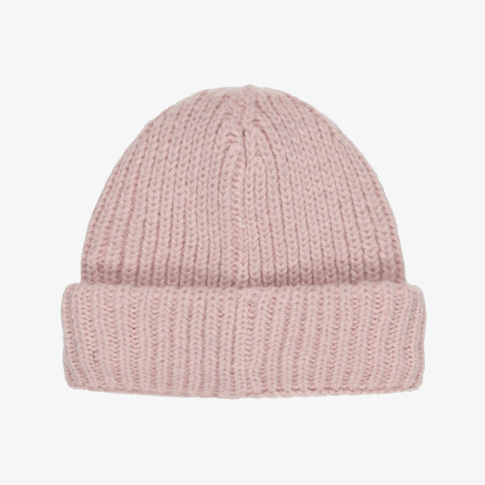 Molo-Girls Pale Pink Chunky Knit Hat with Smiling Face | Childrensalon